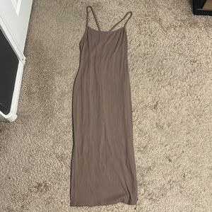 Long brown fitted spaghetti string dress